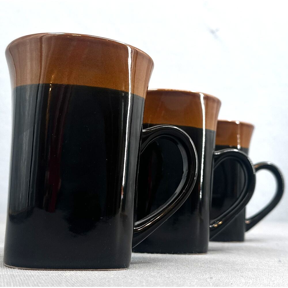 3 Royal Norfolk Stoneware Coffee Mugs 14 oz Square Black Brown Cabin Farmhouse